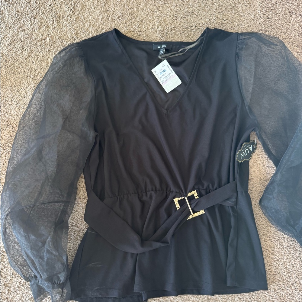 AUW Black Blouse with Sheer Sleeves and Belt